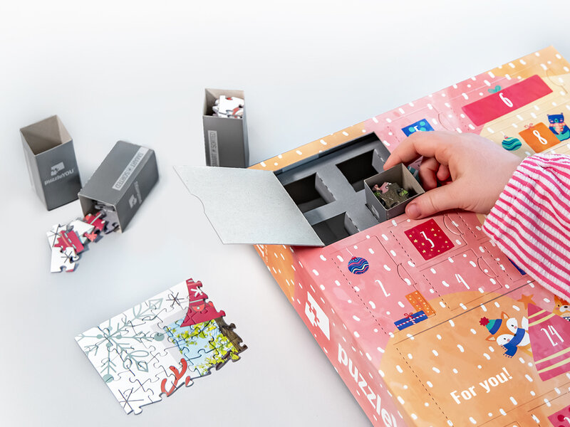 Fotopuzzel Collage met 24 foto's en puzzeldoos met kerstdesign